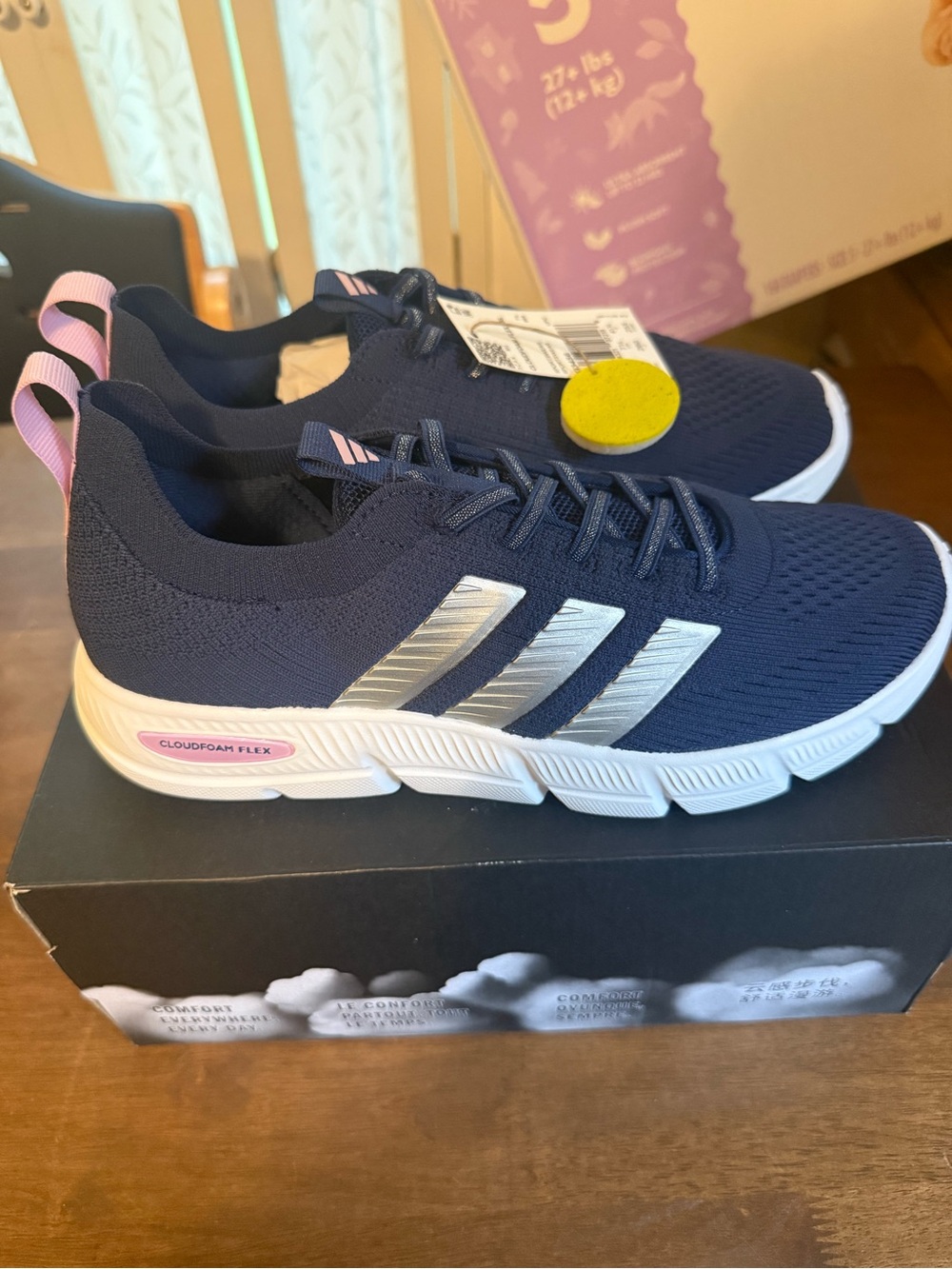 Womens Navy Athletic Sneakers with Pink Pull Tab - Adidas